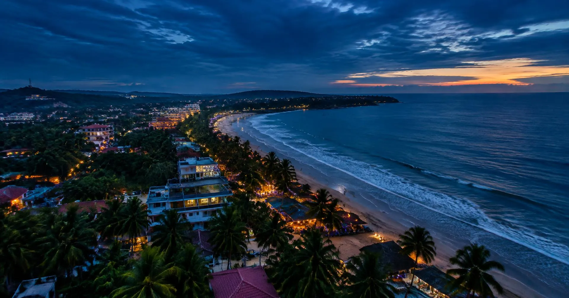 Aerial view of the Goa coastline at dusk