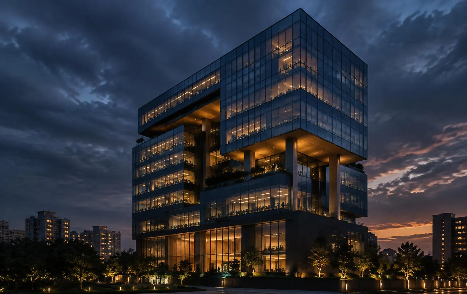 Modern glass commercial office building in India lit up at dusk